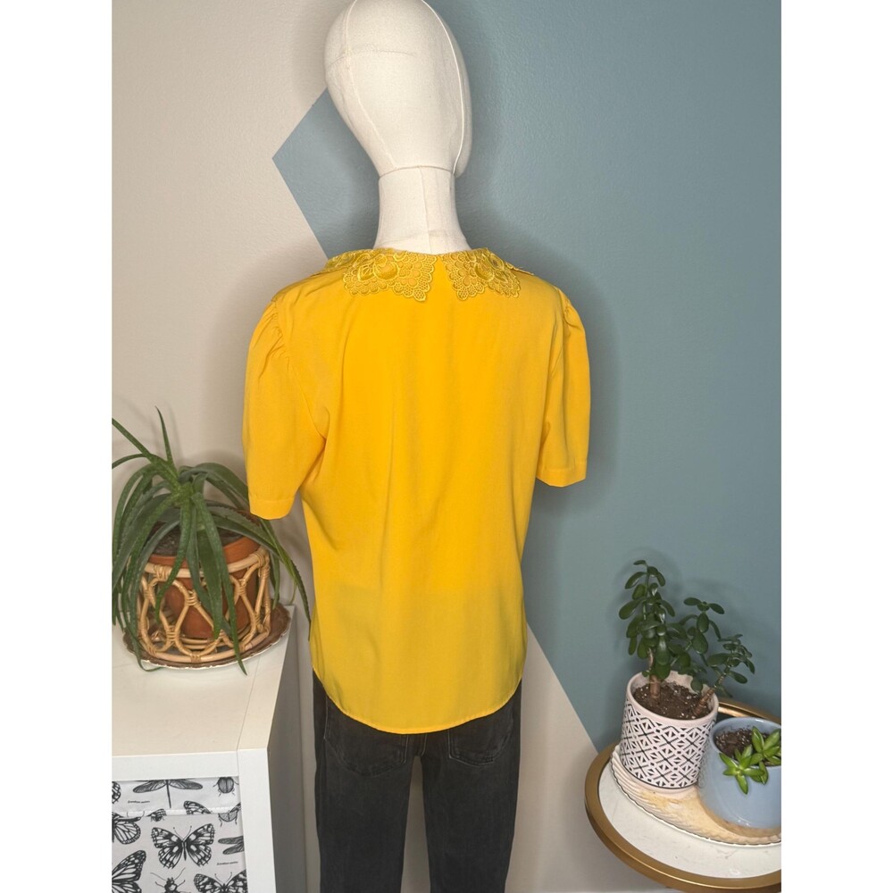 Vintage Mustard Beaded Lace Collar Puff Sleeve Blouse USA - Picture 5 of 12